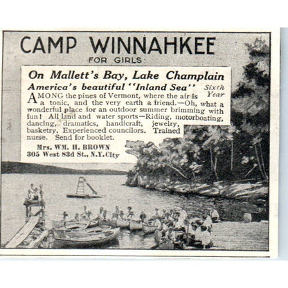 Camp Winnahkee for Girls Malletts Bay Lake Champlain Wm. H. Brown 1921 Ad TJ7-S8