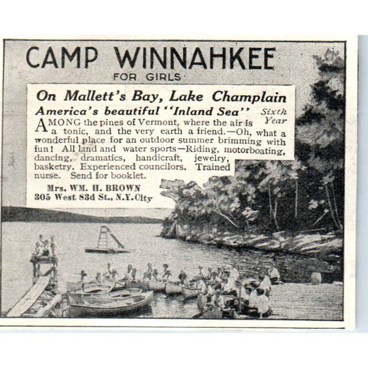 Camp Winnahkee for Girls Malletts Bay Lake Champlain Wm. H. Brown 1921 Ad TJ7-S8
