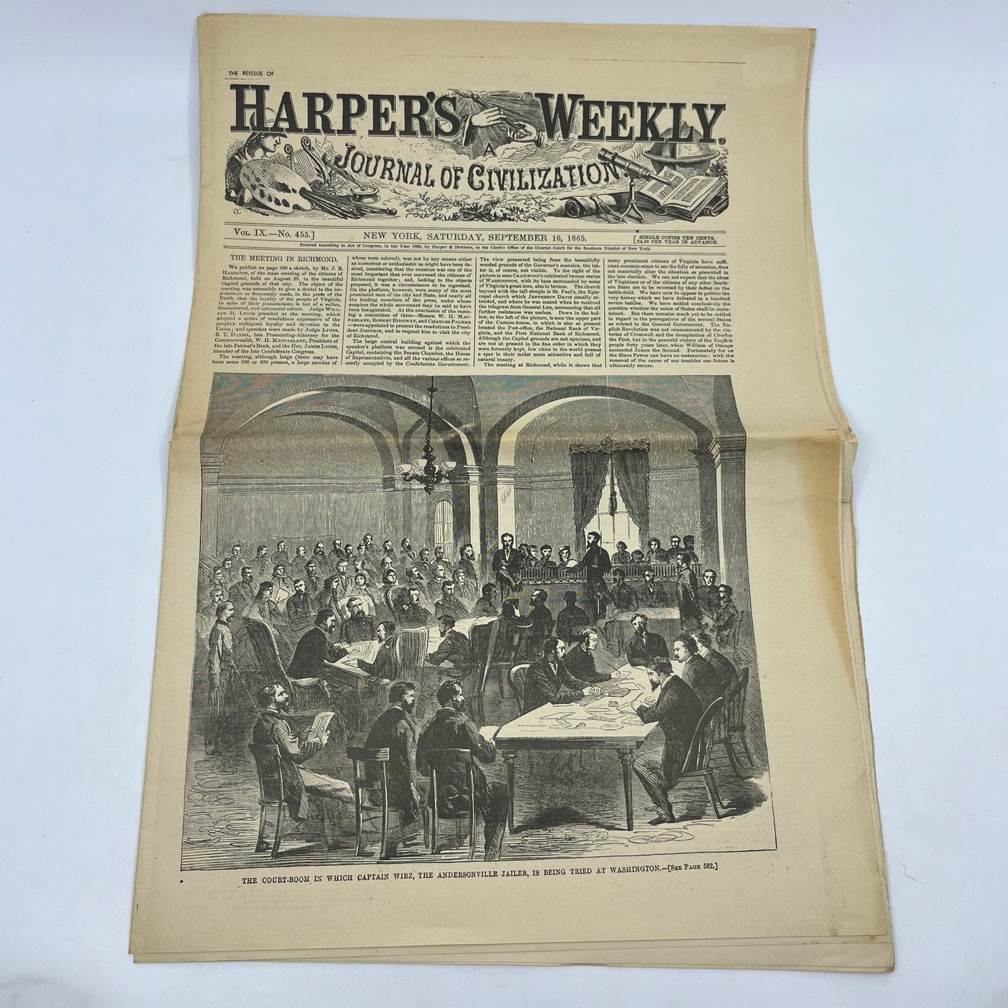 1865 Harper's Weekly 1965 Reissue Civil War Aftermath Captain Wirz Trial FL4