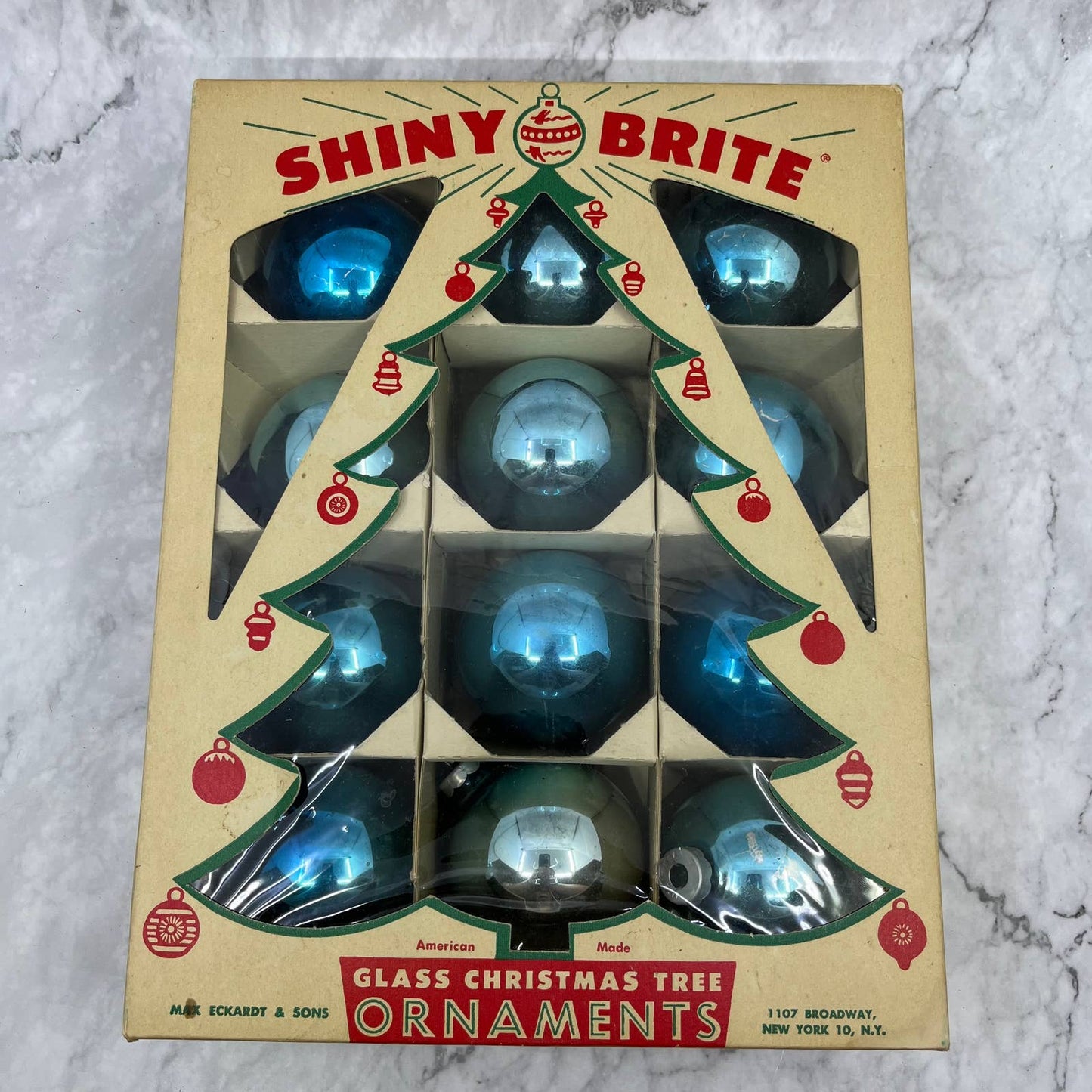Shiny Brite 12 Vintage Mercury Glass Ornaments With Original Box Blue Turquoise