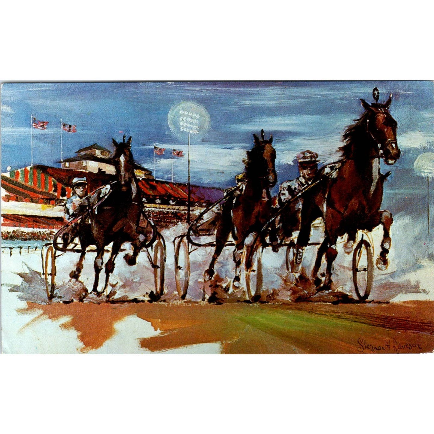 In the Clubhouse Turn Sherman Raveson Horse Racing Saratoga Postcard TK1-23