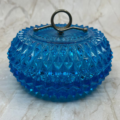 Aqua Blue Diamond Hobnail Glass Glass Candy Dish Powder Jar Metal Handle TE5
