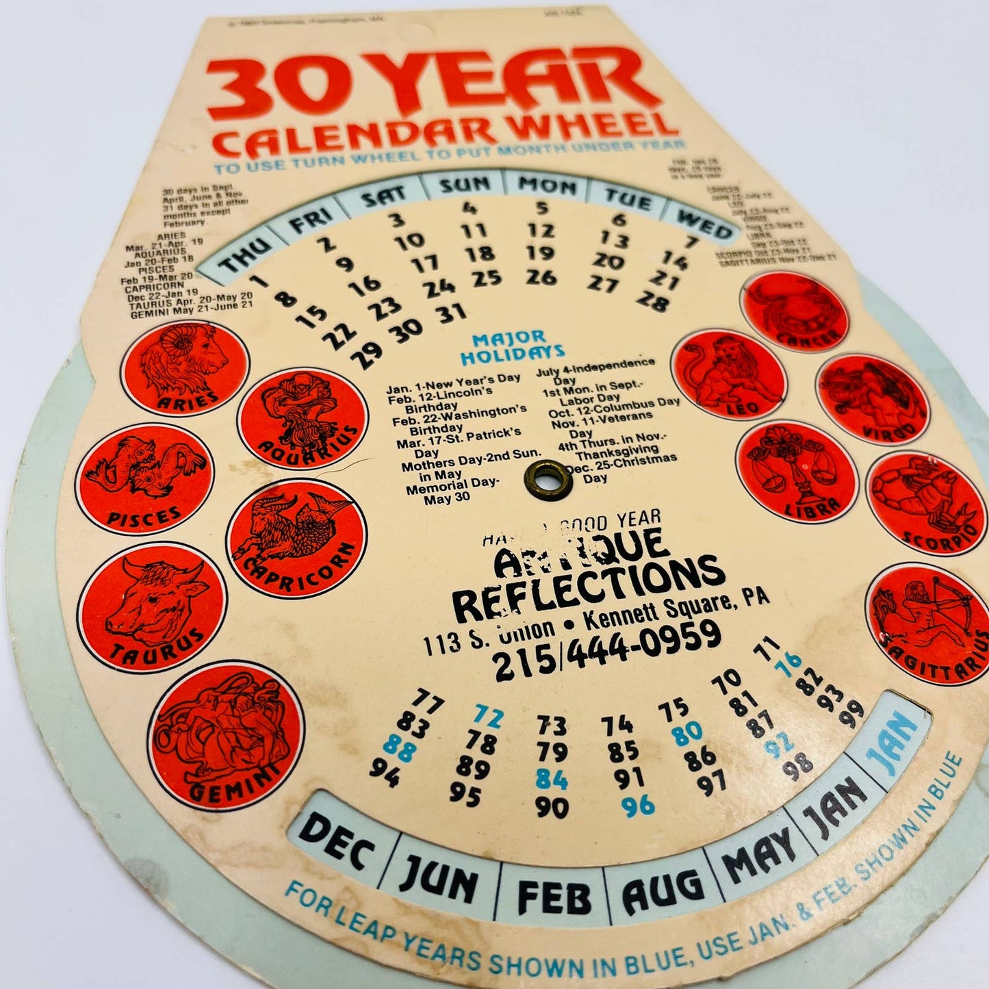 1983 30 Year Calendar Wheel 2-Sided Astrology & State Area Codes SC1