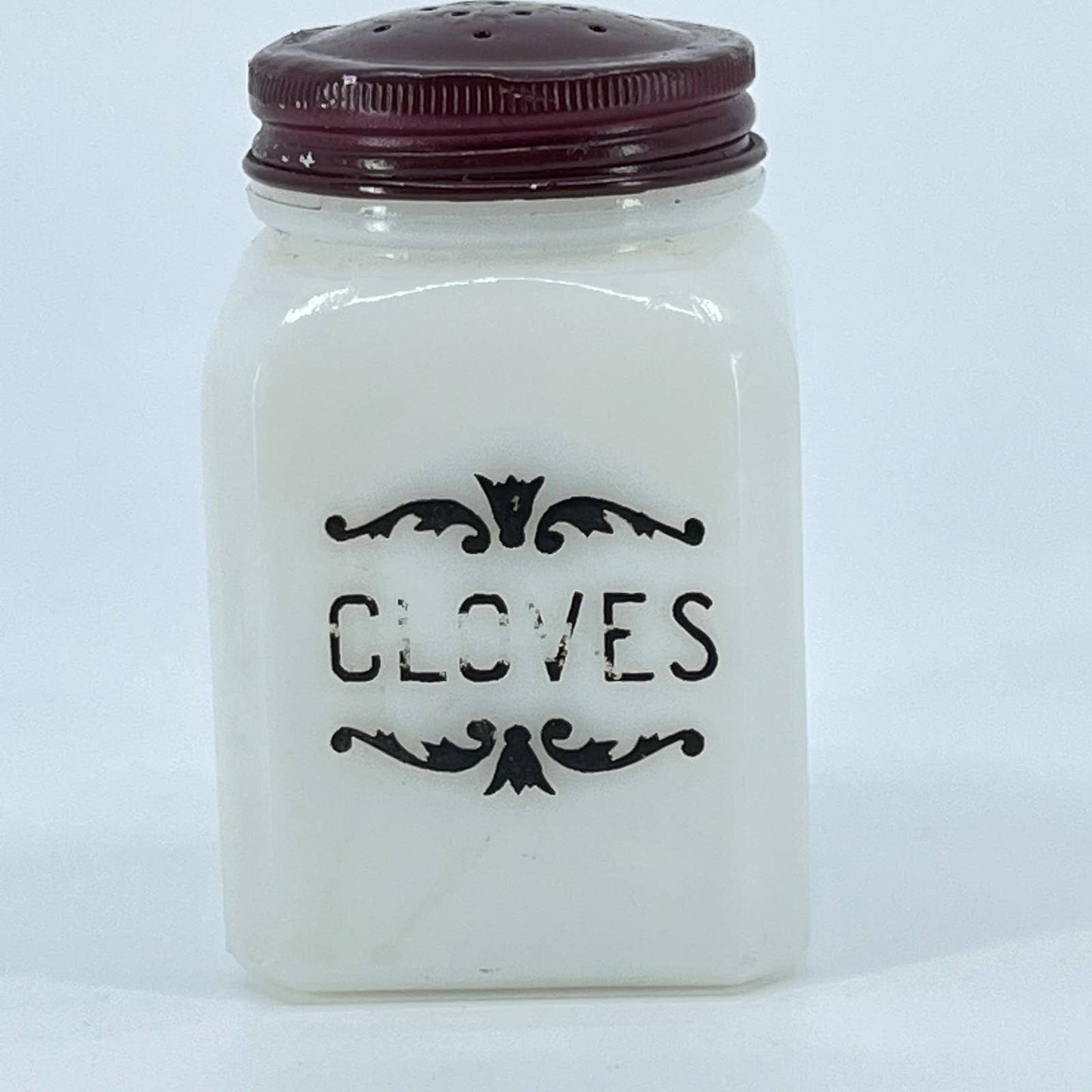 1940s Dove Brand Milk Glass Spice Jar Cloves Red Top 3” TE3