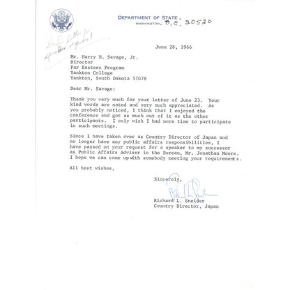 Official Department of State Letterhead Memo Richard L Schneider 7/28/66 TK1-P8