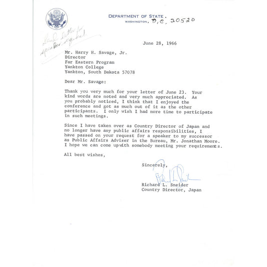 Official Department of State Letterhead Memo Richard L Schneider 7/28/66 TK1-P8