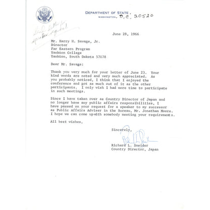 Official Department of State Letterhead Memo Richard L Schneider 7/28/66 B13