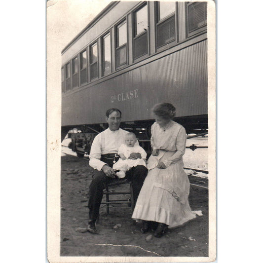Antique Postcard RPPC Man, Woman and Baby Outside 2nd Class Train Car SE8