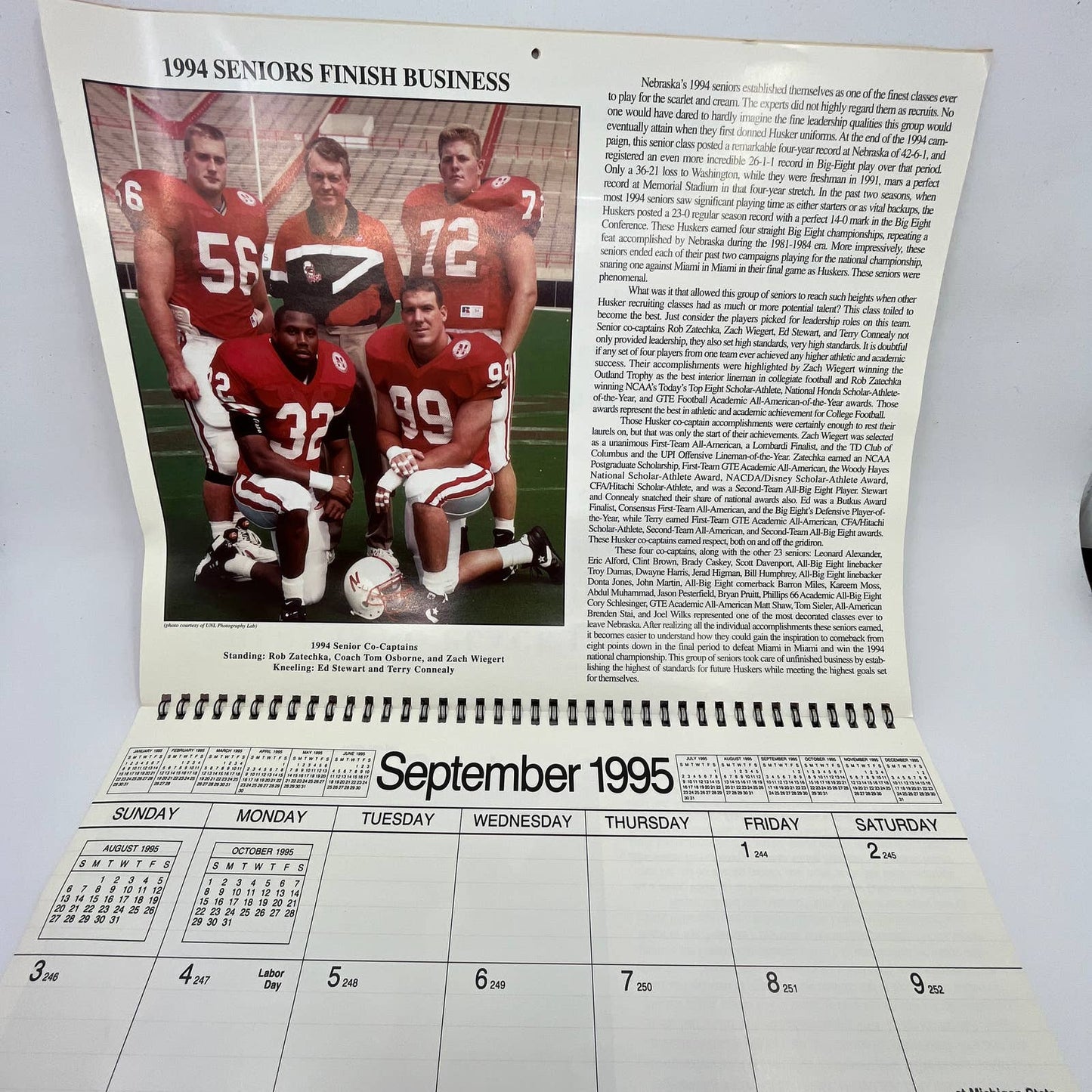 1996 Nebraska Cornhuskers Football Legacy 17 Month Calendar TH3