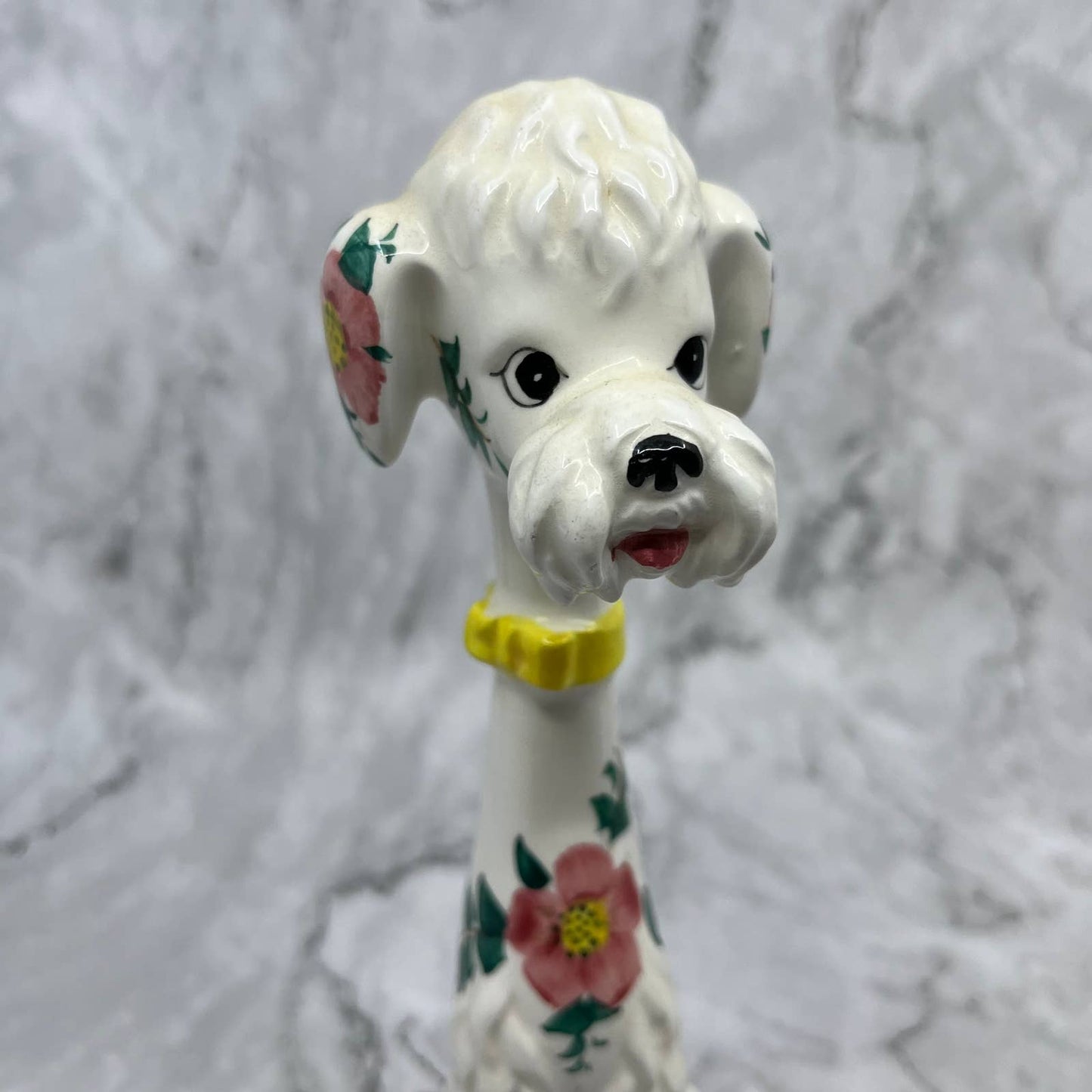 Vintage MCM Lefton Hand Painted White Poodle Dog Long Neck Yellow Collar 9" TI9