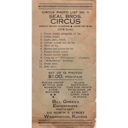 1948 Seal Bros. & Bailey Bros. Circus Photo Price List Great Bend Fairbury SE5