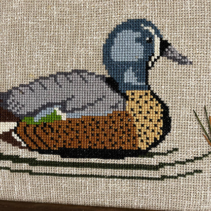 1970s Kitsch Rustic Wood Framed Mallard Duck Wall Needlepoint Art 25x17"