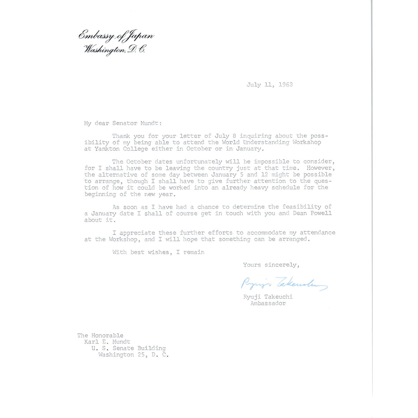 Embassy of Japan Letterhead Memo Ryuji Takeuchi 7/11/63 B14