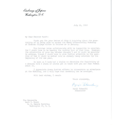 Embassy of Japan Letterhead Memo Ryuji Takeuchi 7/11/63 B14