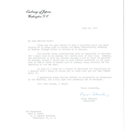 Embassy of Japan Letterhead Memo Ryuji Takeuchi 7/11/63 B14