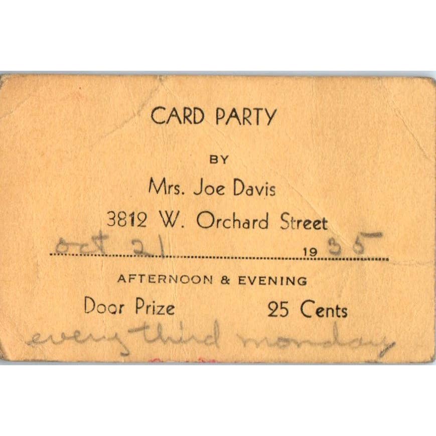 1935 Card Party Invitation Mrs. Joe Davis W. Orchard St Milwaukee WI SE5