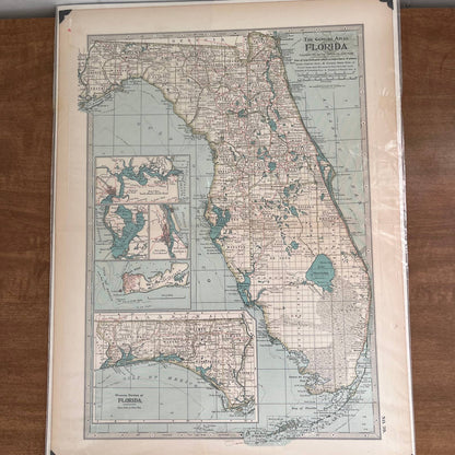 Antique 1897 The Century Atlas Map of Florida USA Color Engraved 12.5 x 17” FL5