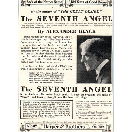 c1920 Harper's Magazine Ad - The Seventh Angel By Alexander Black TF6-1