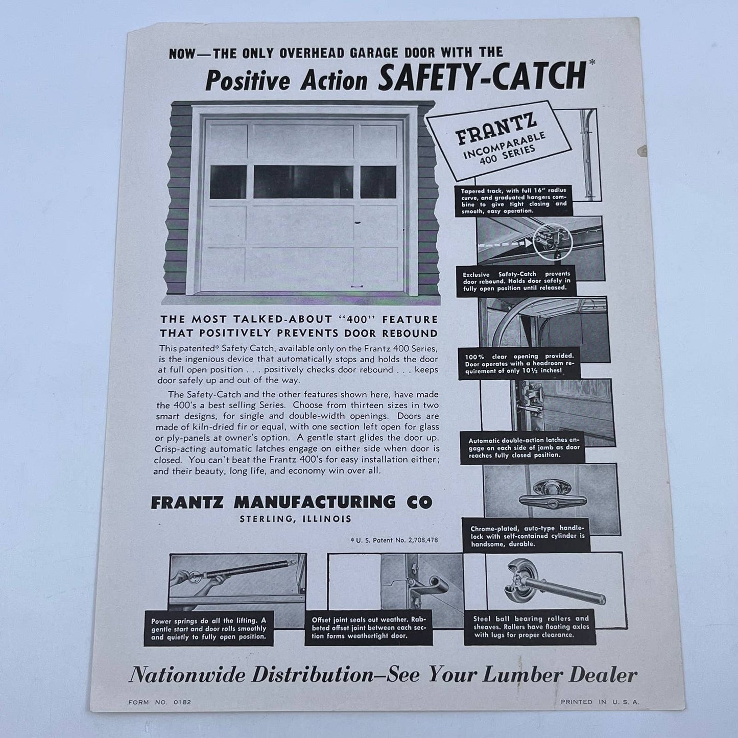 1950s Frantz Mfg Co Overhead Garage Door Safety-Catch Advertising Leaflet AC8