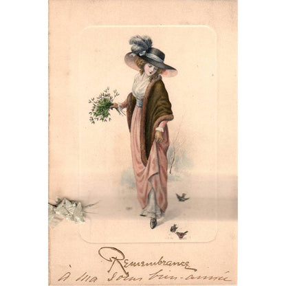 Antique Remembrance Folding Greeting Card Victorian Woman Bow SE5
