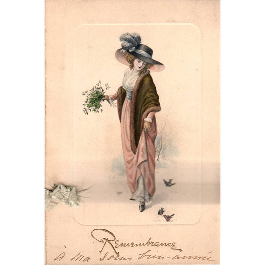 Antique Remembrance Folding Greeting Card Victorian Woman Bow SE5