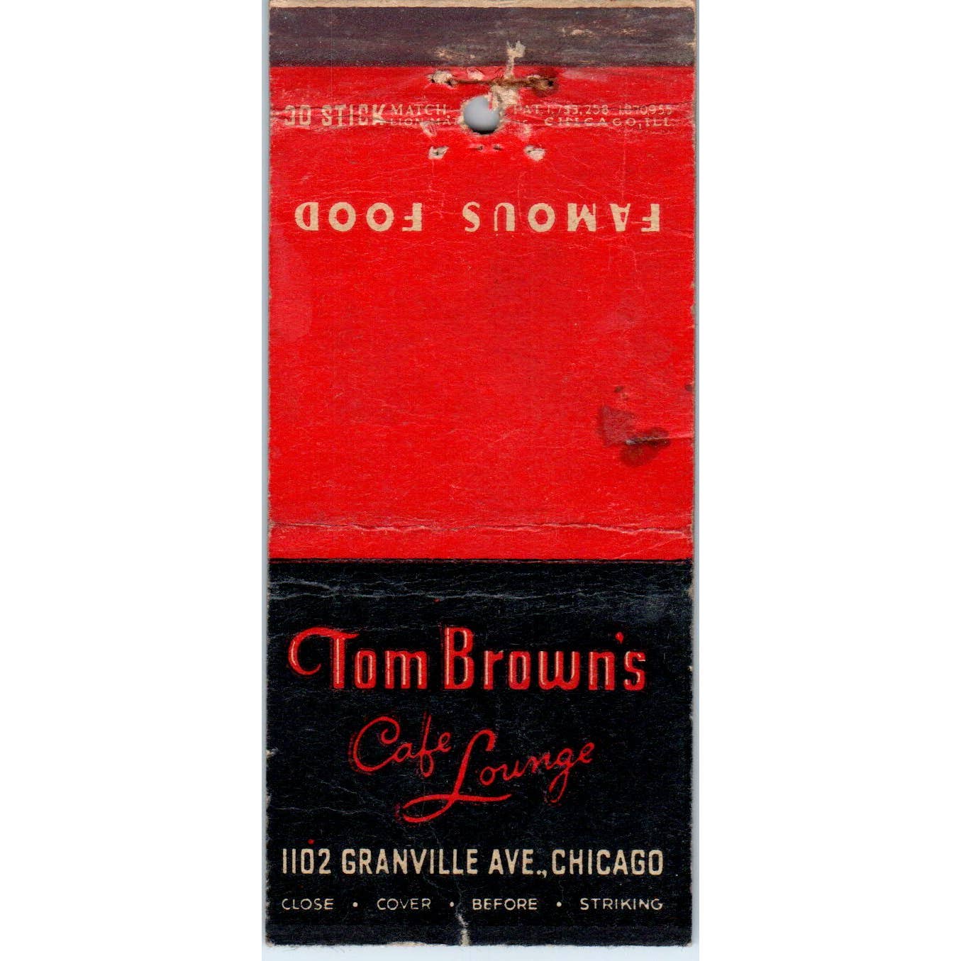 Tom Brown's Cafe Lounge Chicago IL Advertising Matchbook Cover SA1-M10