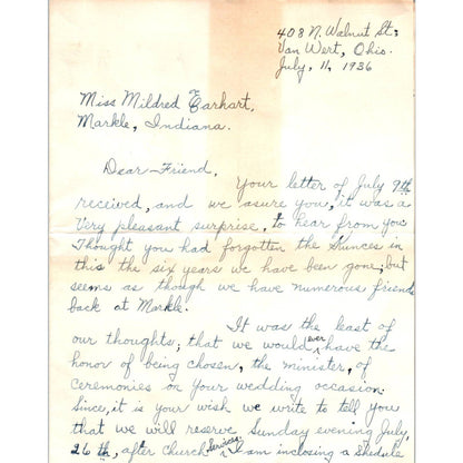 1936 Handwritten Letter Rev Kunce Van Wert OH to Mildred Earhart Markle IN SF2