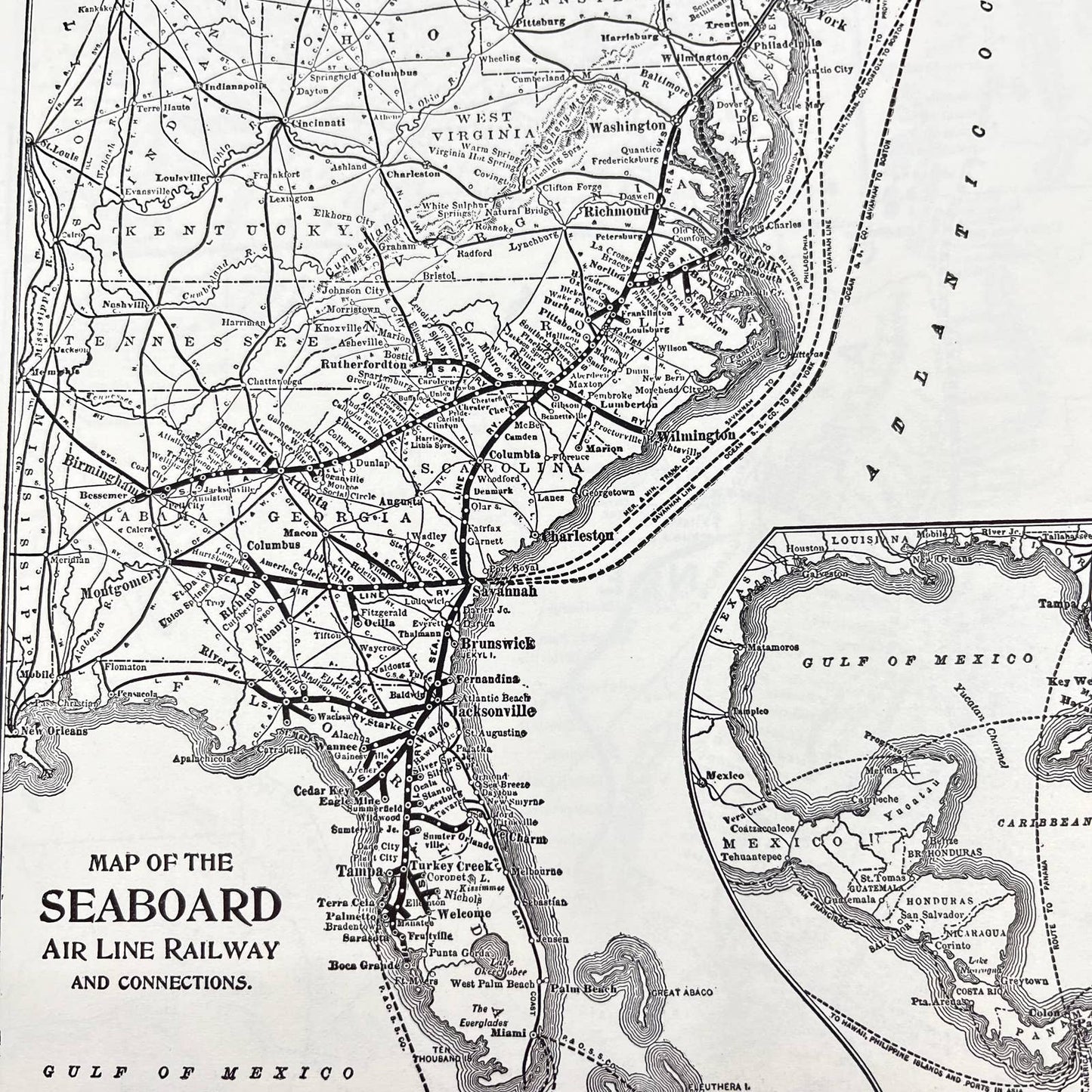 1910 Original 2 Sided Map Seaboard Air Line Railway & Southern Pacific Co. FL3