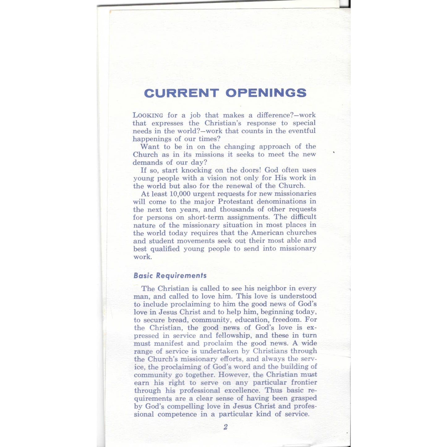 1961 Christian Horizons Current Openings Overseas United States Pamphlet TJ7