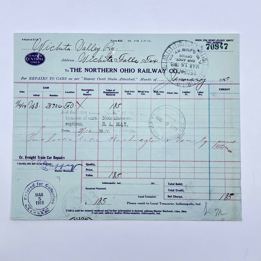 1915 New York Central Lines Northern Ohio Railway Co. Repair Form Stamped AB5