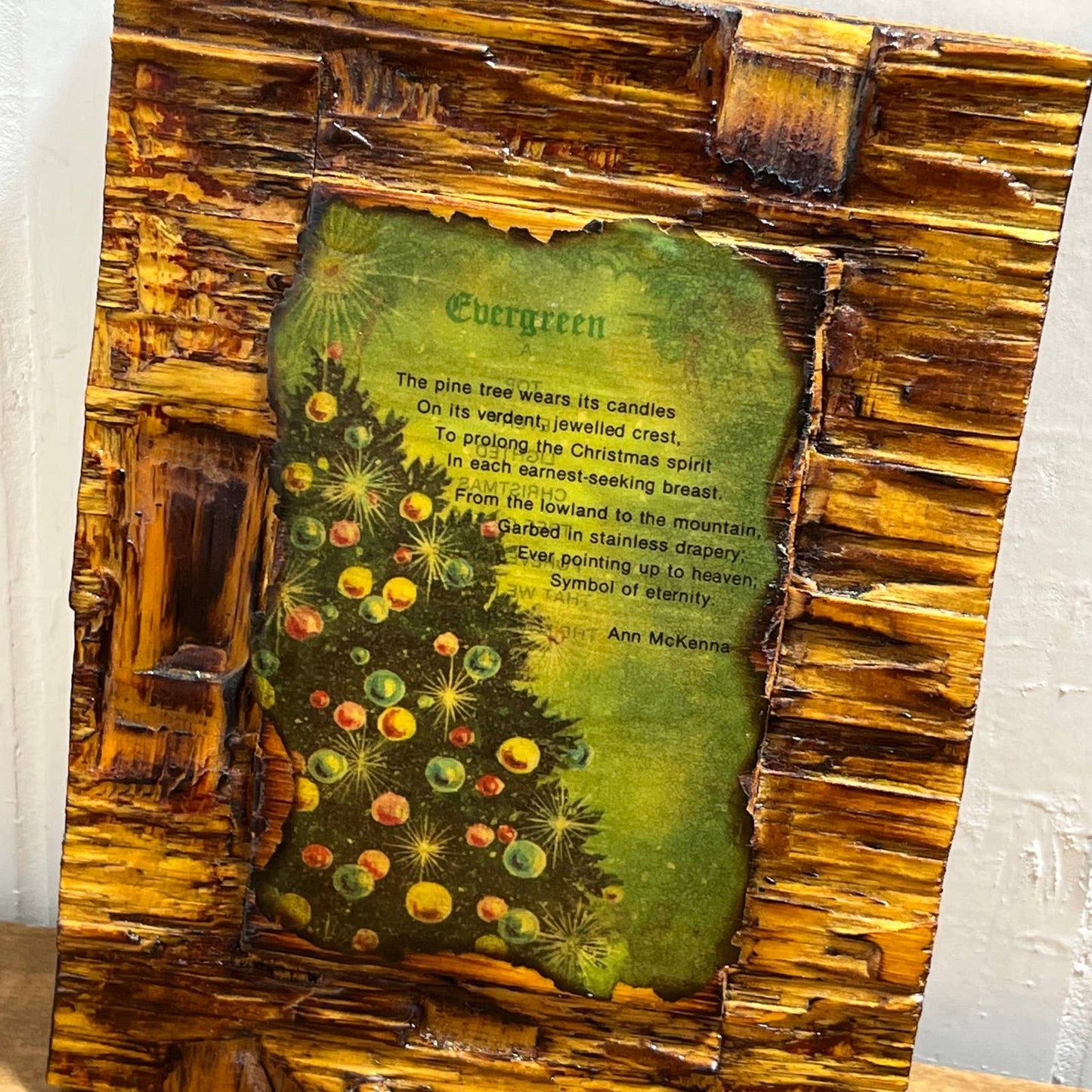 Vtg Hand Made Textured Wood Deco Christmas Poem Evergreen Ann McKenna 5x7” TH7