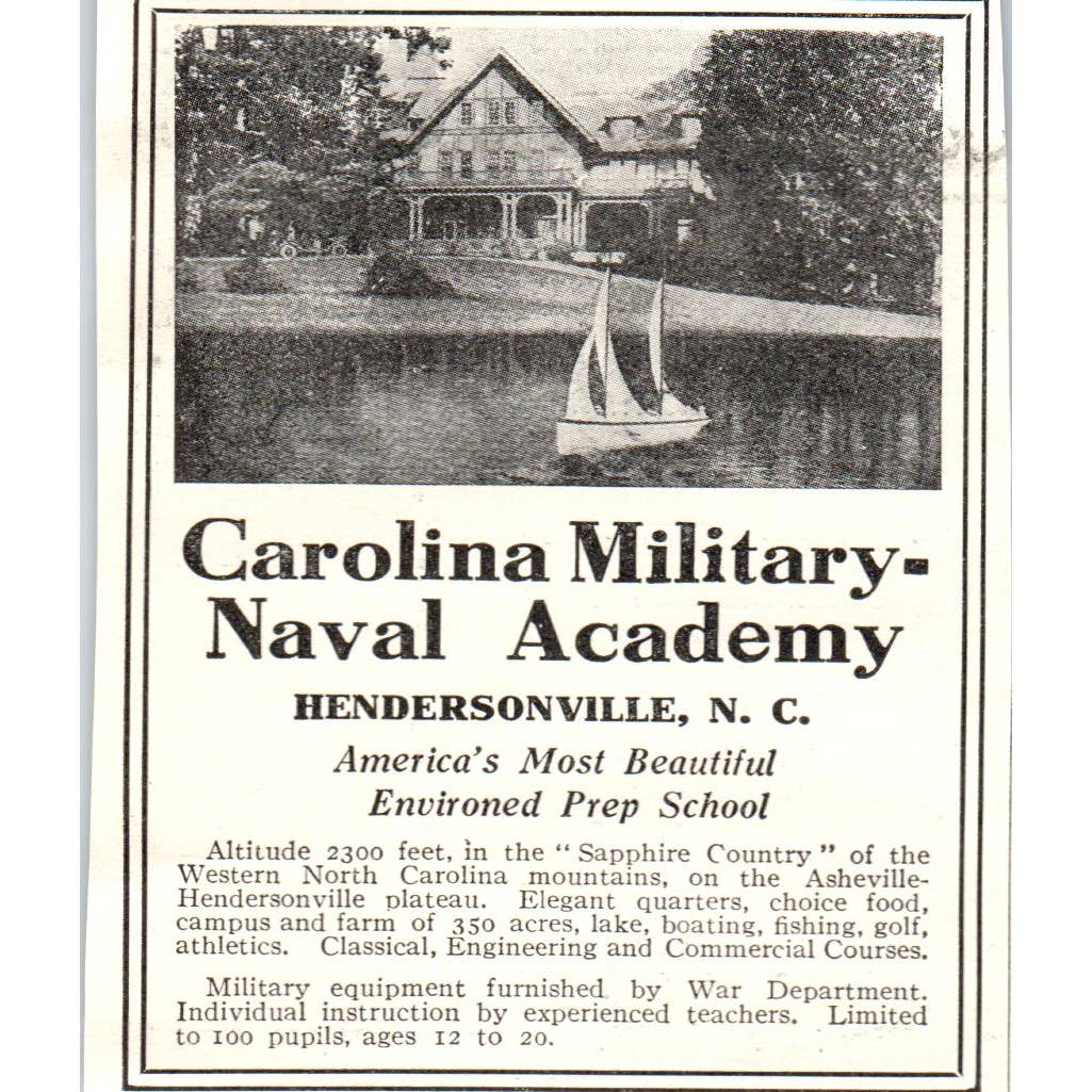 c1920 Harper's Magazine Ad - Carolina Naval Military Academy Hendersonville NC EA3-4