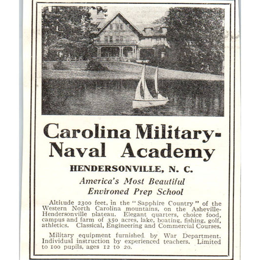 c1920 Harper's Magazine Ad - Carolina Naval Military Academy Hendersonville NC EA3-4