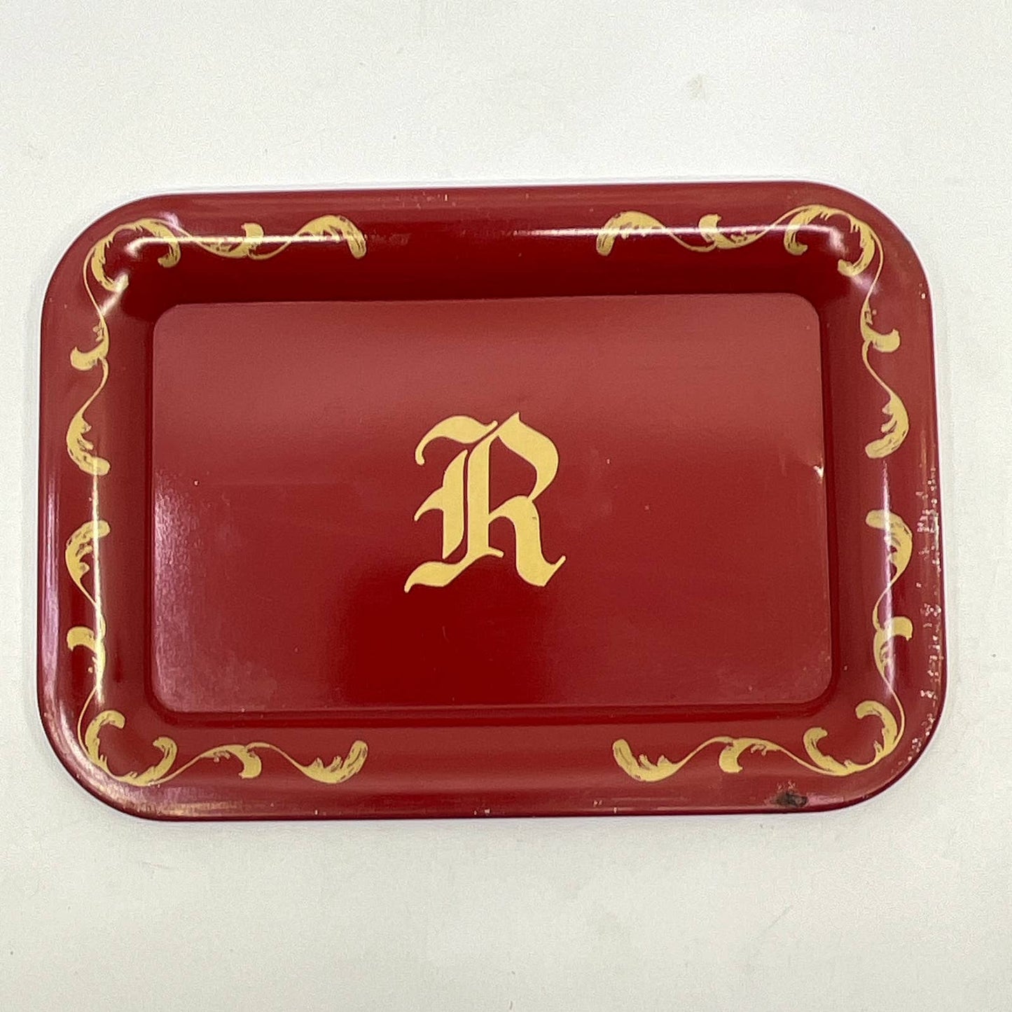 Vintage Small Tin Toleware Tray Monogrammed “R” Red ~6.5x4.5” TH2-1