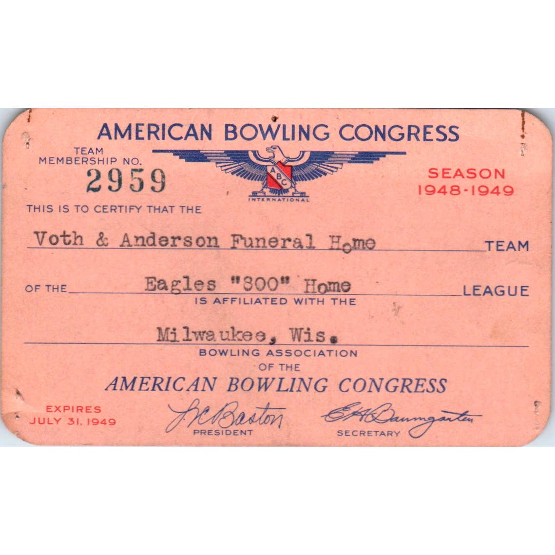 1948 American Bowling Congress Milwaukee Membership Card Eagles 800 Home SE5-13