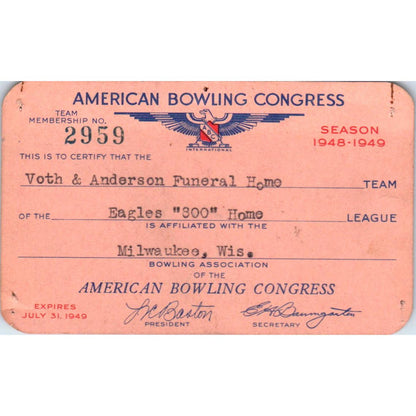 1948 American Bowling Congress Milwaukee Membership Card Eagles 800 Home SE5-13