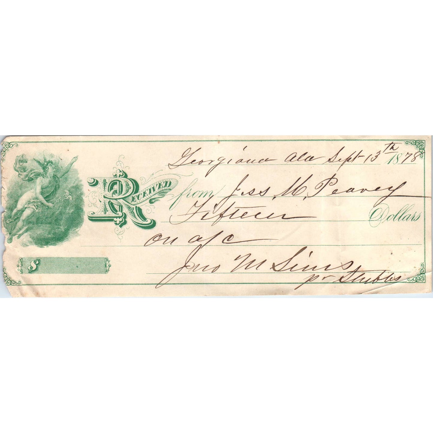 1878 Bank Check Jess. M. Peavey from Jno. M. Sims Georgiana AL AD6