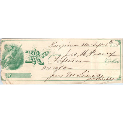 1878 Bank Check Jess. M. Peavey from Jno. M. Sims Georgiana AL AD6