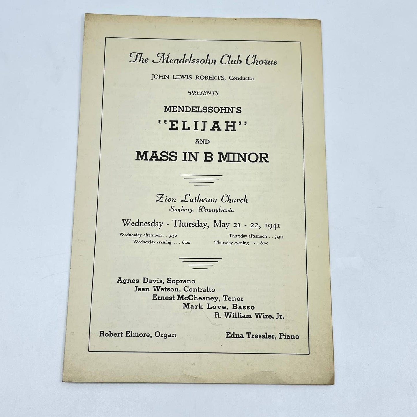 1941 The Mendelssohn Club Chorus Program Zion Lutheran Church Sunbury PA AA9