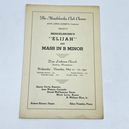 1941 The Mendelssohn Club Chorus Program Zion Lutheran Church Sunbury PA AA9