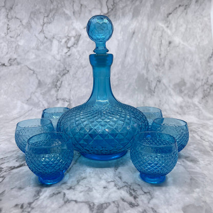 1960s MCM Blue Glass Empoli Italian Diamond Cut Decanter Set w/ 6 Glasses TJ7