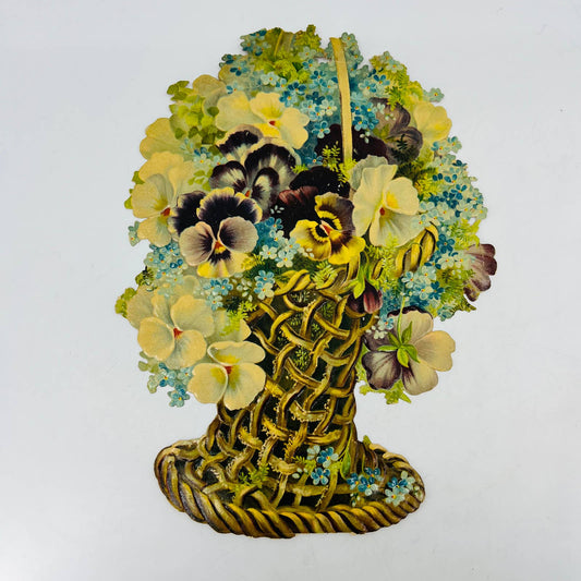 1880's ANTIQUE Victorian DIE CUT Embossed Large Flower Basket Pansies 9 x 7 AA3