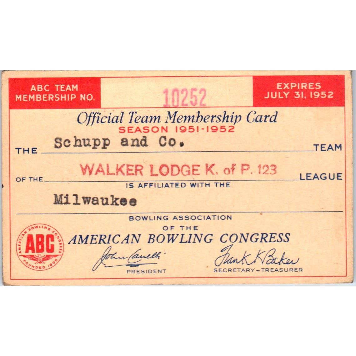 1952 American Bowling Congress Milwaukee Card Walker Lodge K of P 123 SE5-48