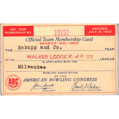 1952 American Bowling Congress Milwaukee Card Walker Lodge K of P 123 SE5-48