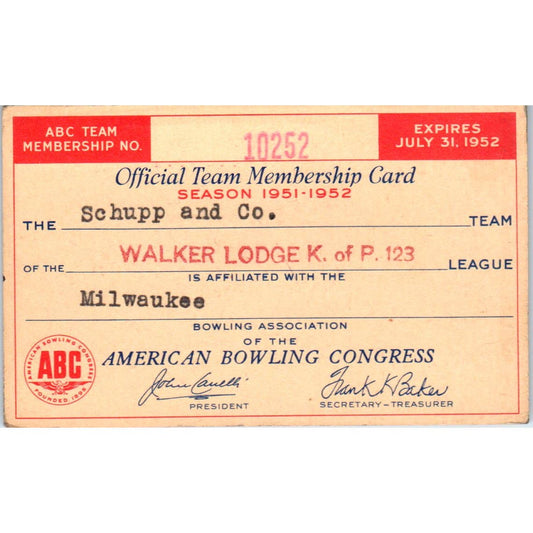 1952 American Bowling Congress Milwaukee Card Walker Lodge K of P 123 SE5-48