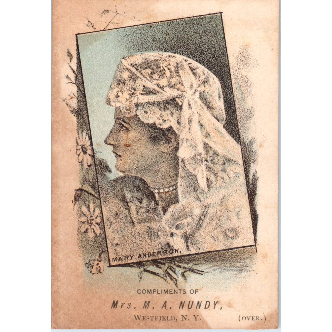 1880s Victorian Trade Card Mrs. M.A. Nundy Westfield NY French Millinery SF2