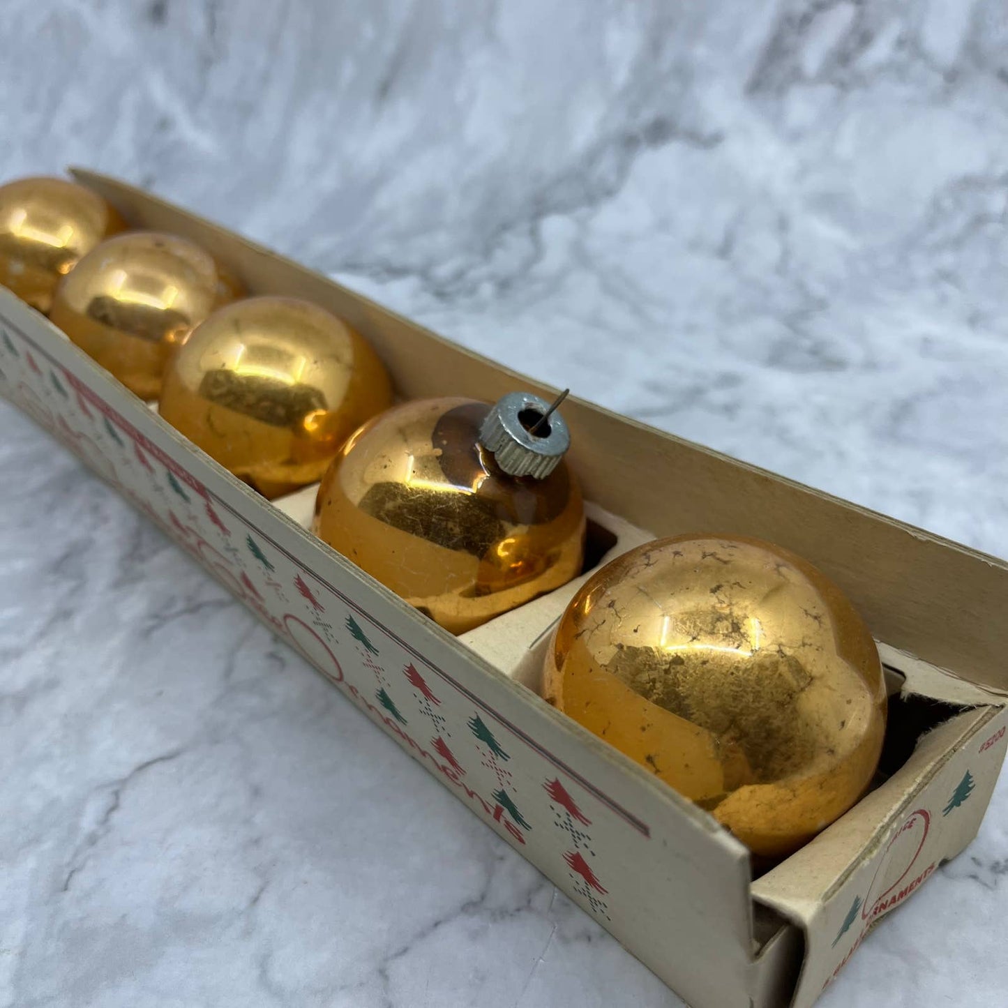 Shiny Brite Vintage Mercury Glass Christmas Ornaments Set of 5 in Box Gold 2"