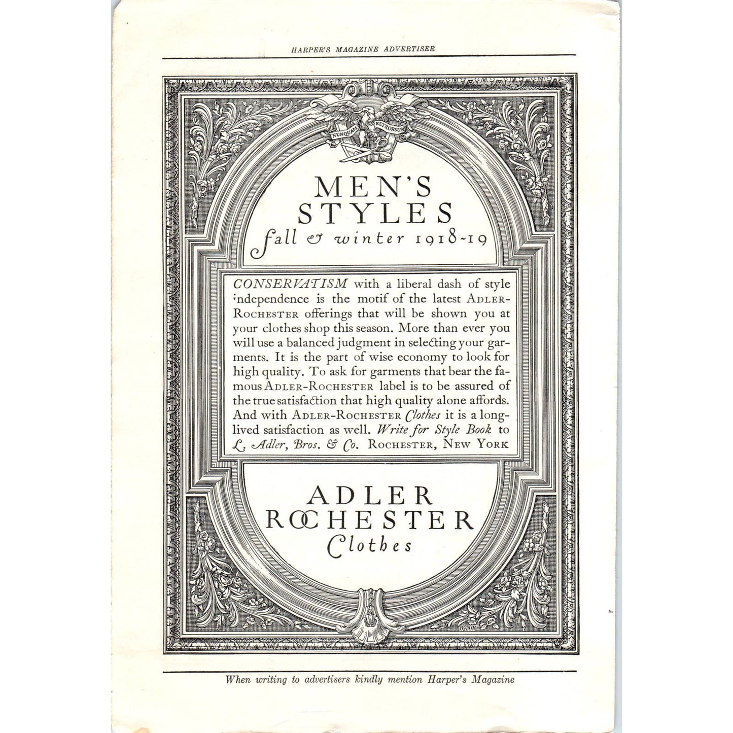 c1920 Harper's Magazine Ad - Adler Rochester Clothes Mens Styles 1918-19 TF6-1