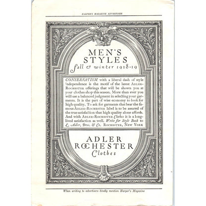c1920 Harper's Magazine Ad - Adler Rochester Clothes Mens Styles 1918-19 TF6-1
