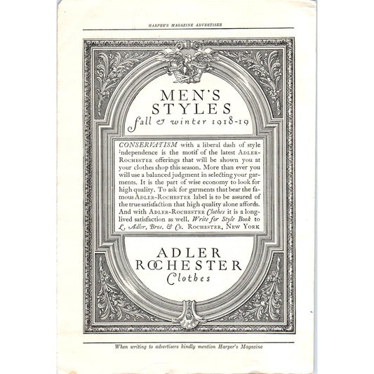 c1920 Harper's Magazine Ad - Adler Rochester Clothes Mens Styles 1918-19 TF6-1